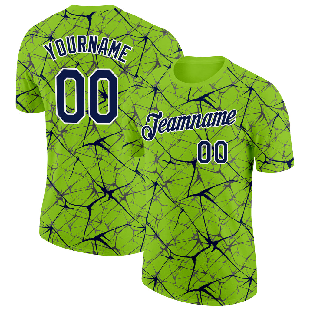 Custom Neon Green Navy Gray-White Abstract Network Crackle Performance T-Shirt