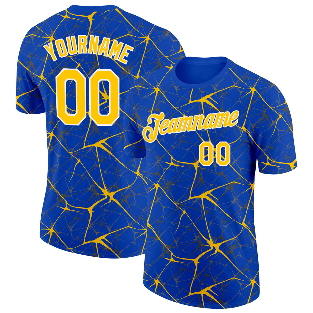 Custom Thunder Blue Yellow Gray-White Abstract Network Crackle Performance T-Shirt