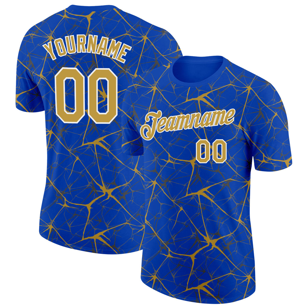 Custom Thunder Blue Old Gold Gray-White Abstract Network Crackle Performance T-Shirt
