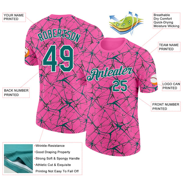 Custom Pink Teal Gray-White Abstract Network Crackle Performance T-Shirt