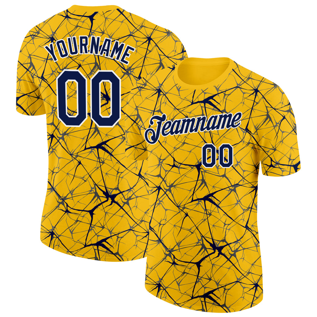 Custom Yellow Navy Gray-White Abstract Network Crackle Performance T-Shirt