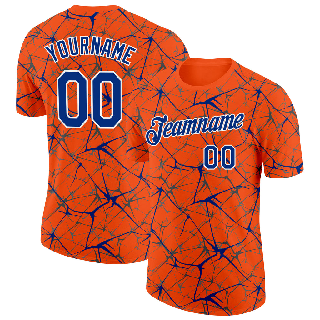 Custom Orange Royal Gray-White Abstract Network Crackle Performance T-Shirt