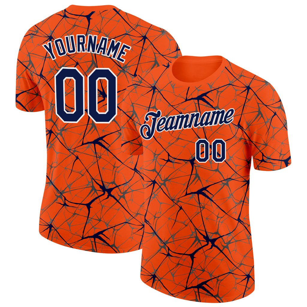 Custom Orange Navy Gray-White Abstract Network Crackle Performance T-Shirt