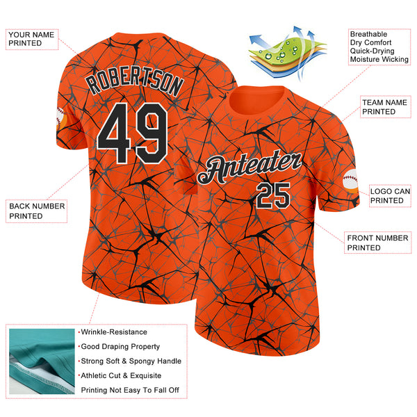 Custom Orange Black Gray-White Abstract Network Crackle Performance T-Shirt