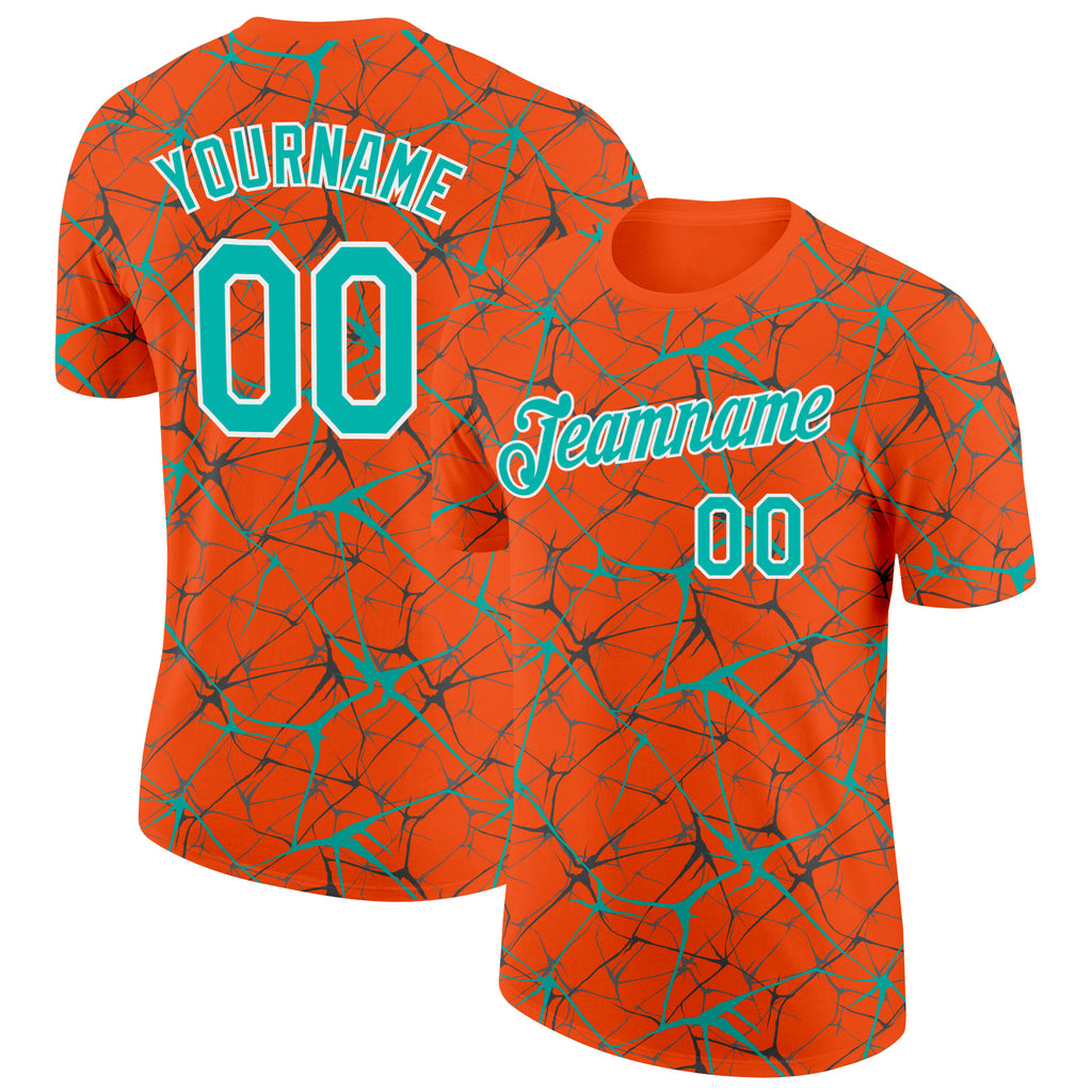 Custom Orange Aqua Gray-White Abstract Network Crackle Performance T-Shirt
