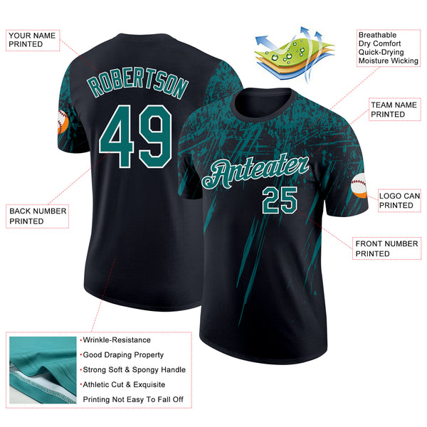 Custom Black Teal-White Distressed Scratch Brush Stroke Performance T-Shirt