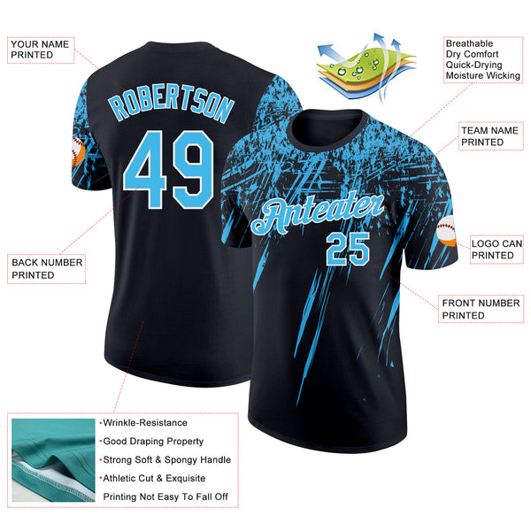 Custom Black Sky Blue-White Distressed Scratch Brush Stroke Performance T-Shirt