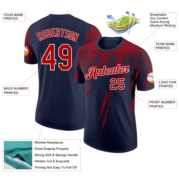 Custom Navy Red-White Distressed Scratch Brush Stroke Performance T-Shirt