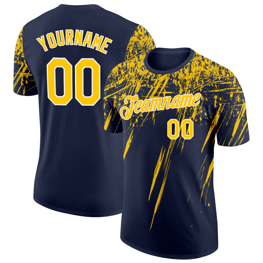 Custom Navy Yellow-White Distressed Scratch Brush Stroke Performance T-Shirt