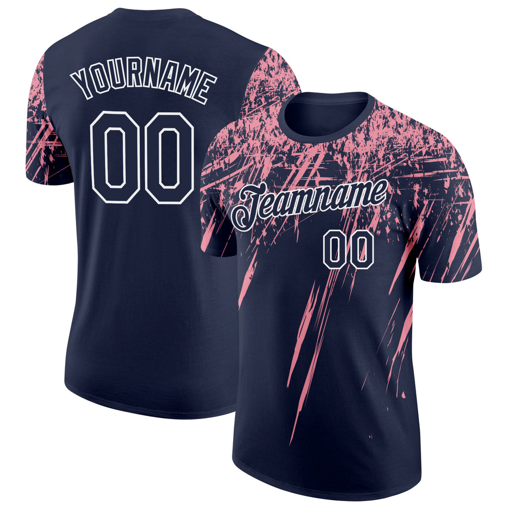 Custom Navy Medium Pink-White Distressed Scratch Brush Stroke Performance T-Shirt