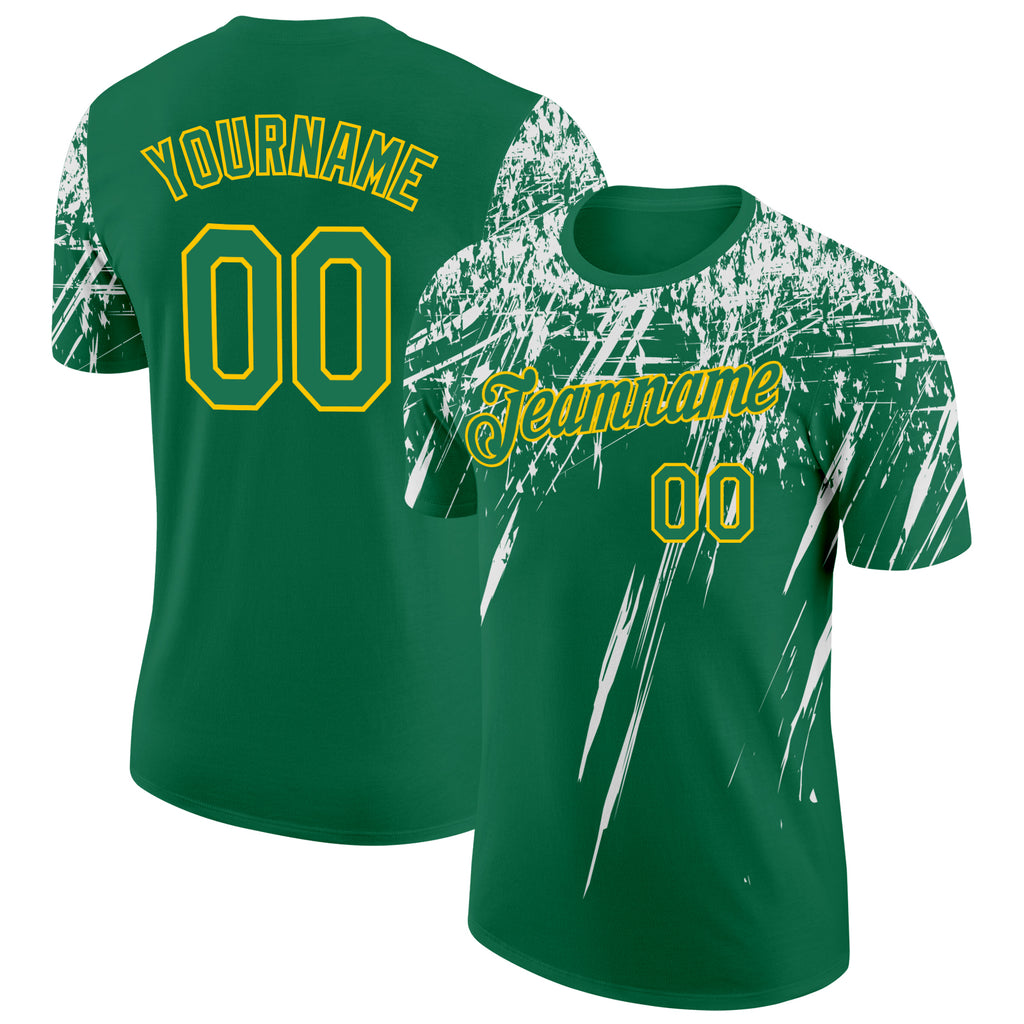 Custom Kelly Green White-Yellow Distressed Scratch Brush Stroke Performance T-Shirt