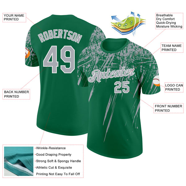 Custom Kelly Green Gray-White Distressed Scratch Brush Stroke Performance T-Shirt