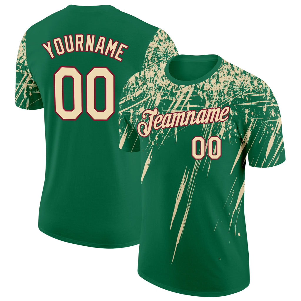 Custom Kelly Green Cream-Crimson Distressed Scratch Brush Stroke Performance T-Shirt