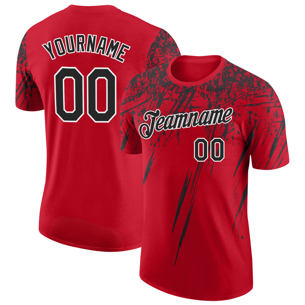 Custom Red Black-White Distressed Scratch Brush Stroke Performance T-Shirt