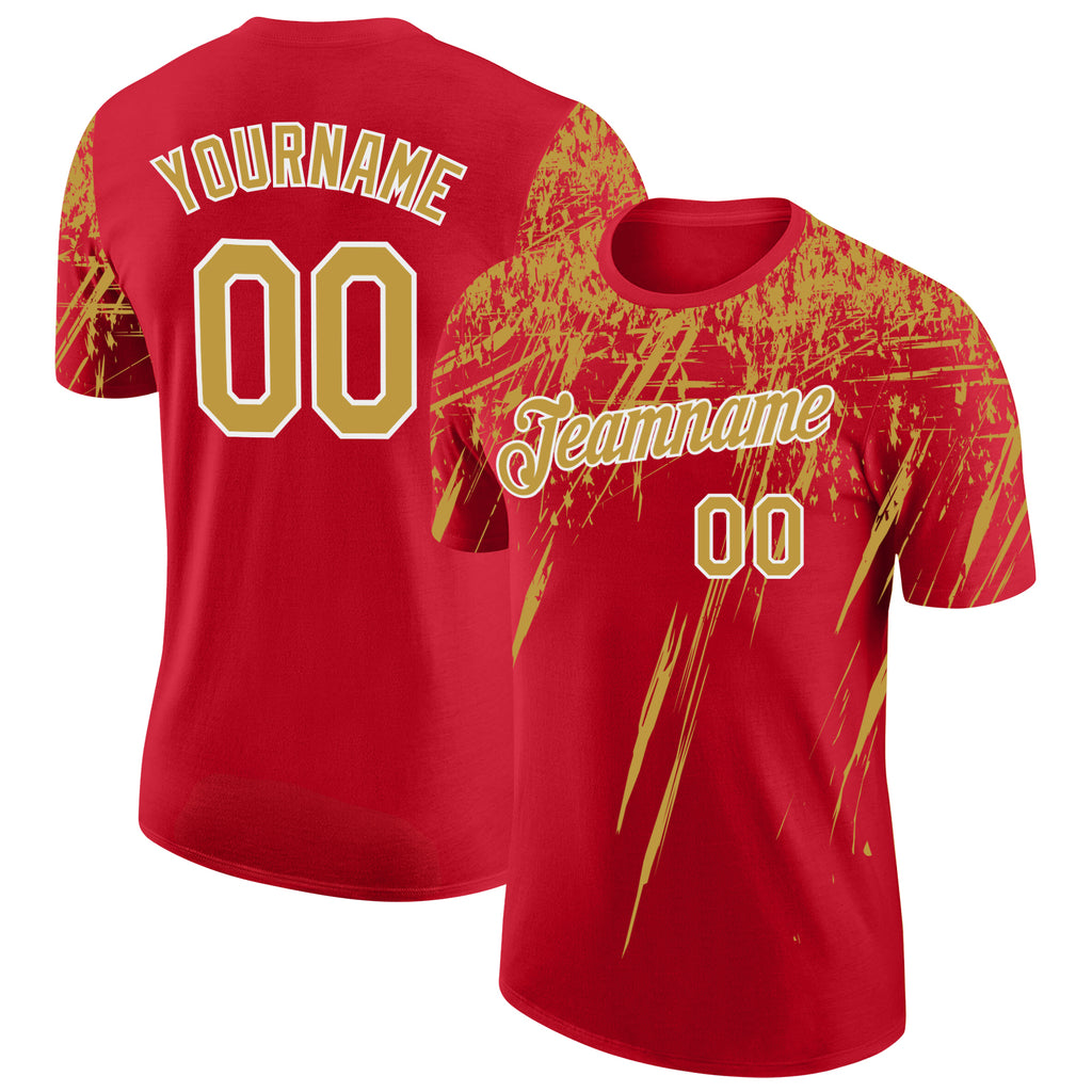 Custom Red Old Gold-White Distressed Scratch Brush Stroke Performance T-Shirt