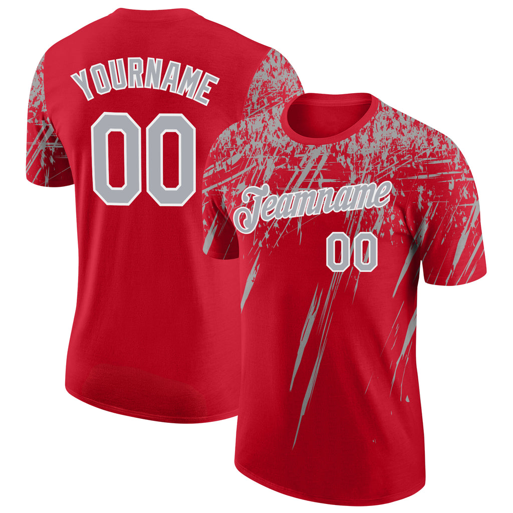 Custom Red Gray-White Distressed Scratch Brush Stroke Performance T-Shirt