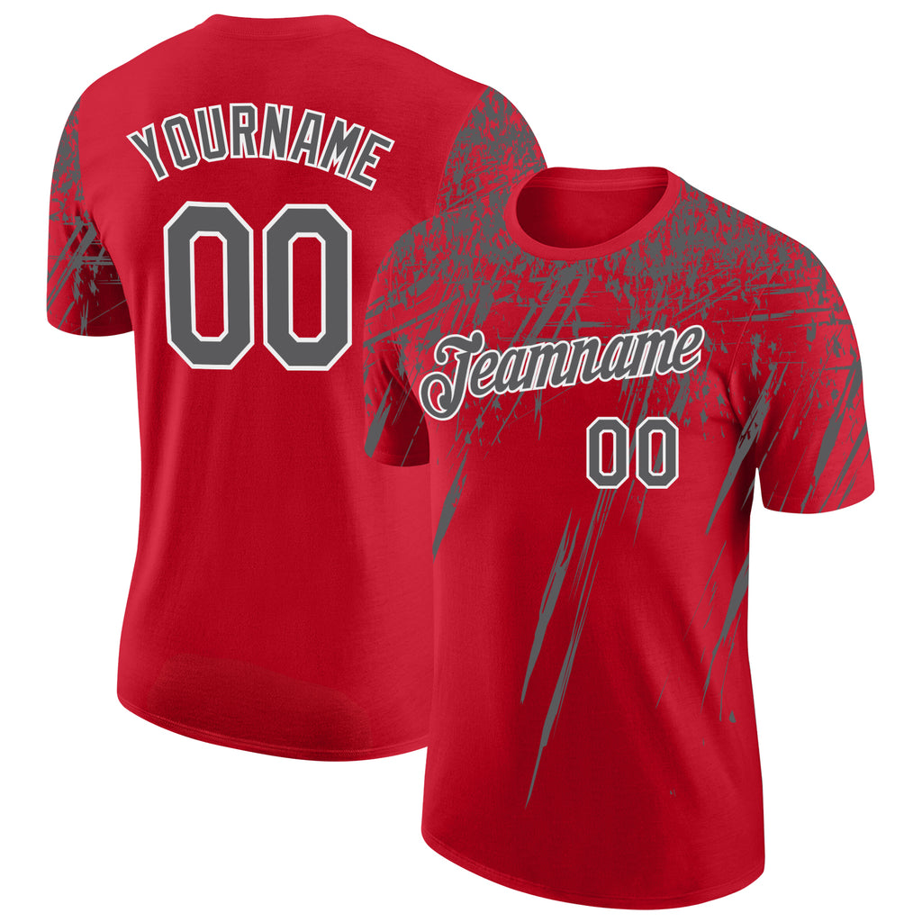 Custom Red Steel Gray-White Distressed Scratch Brush Stroke Performance T-Shirt