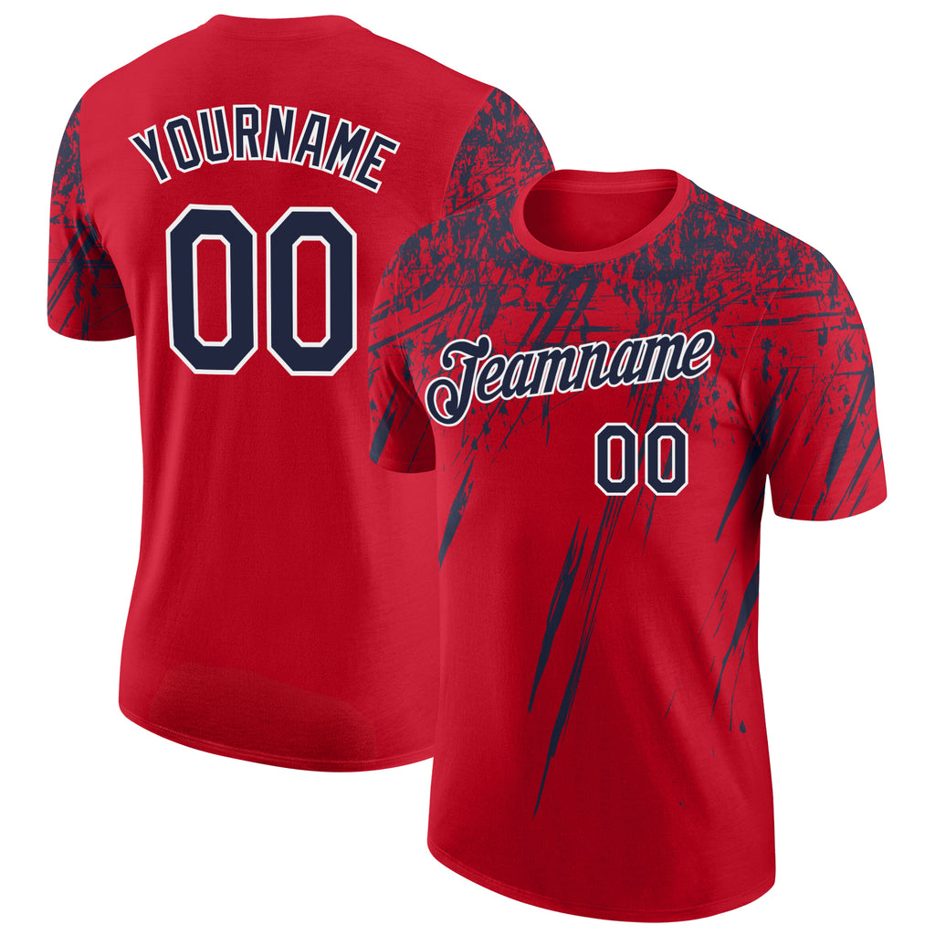 Custom Red Navy-White Distressed Scratch Brush Stroke Performance T-Shirt
