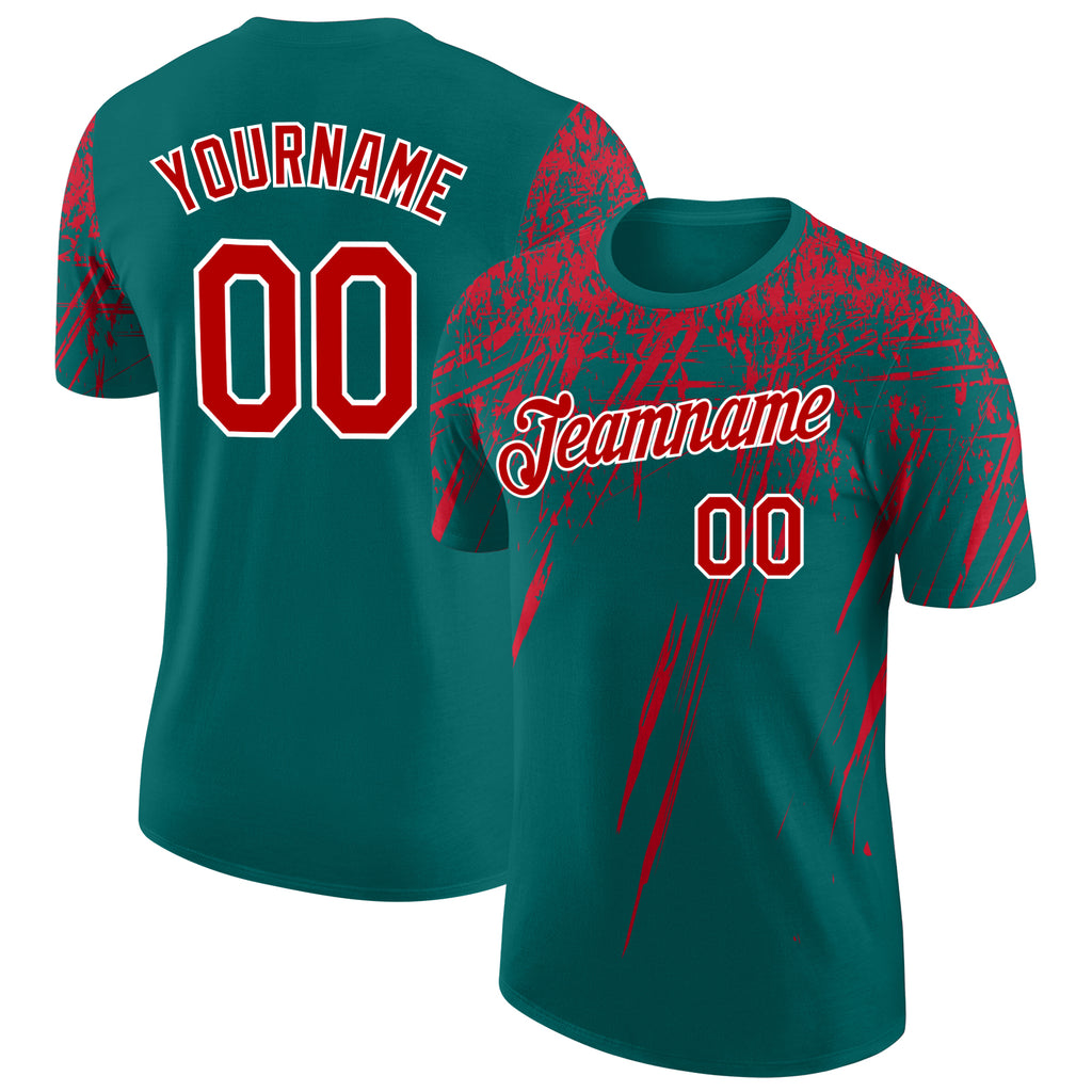 Custom Teal Red-White Distressed Scratch Brush Stroke Performance T-Shirt