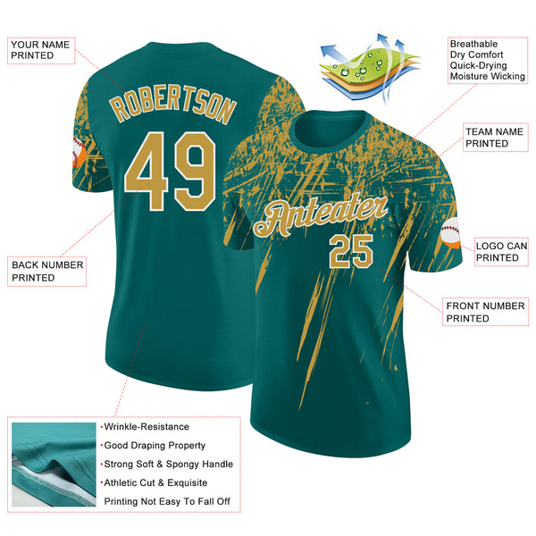 Custom Teal Old Gold-White Distressed Scratch Brush Stroke Performance T-Shirt