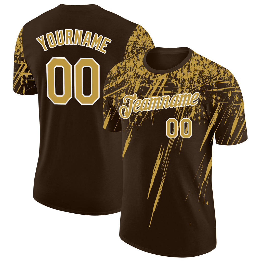 Custom Brown Old Gold-White Distressed Scratch Brush Stroke Performance T-Shirt