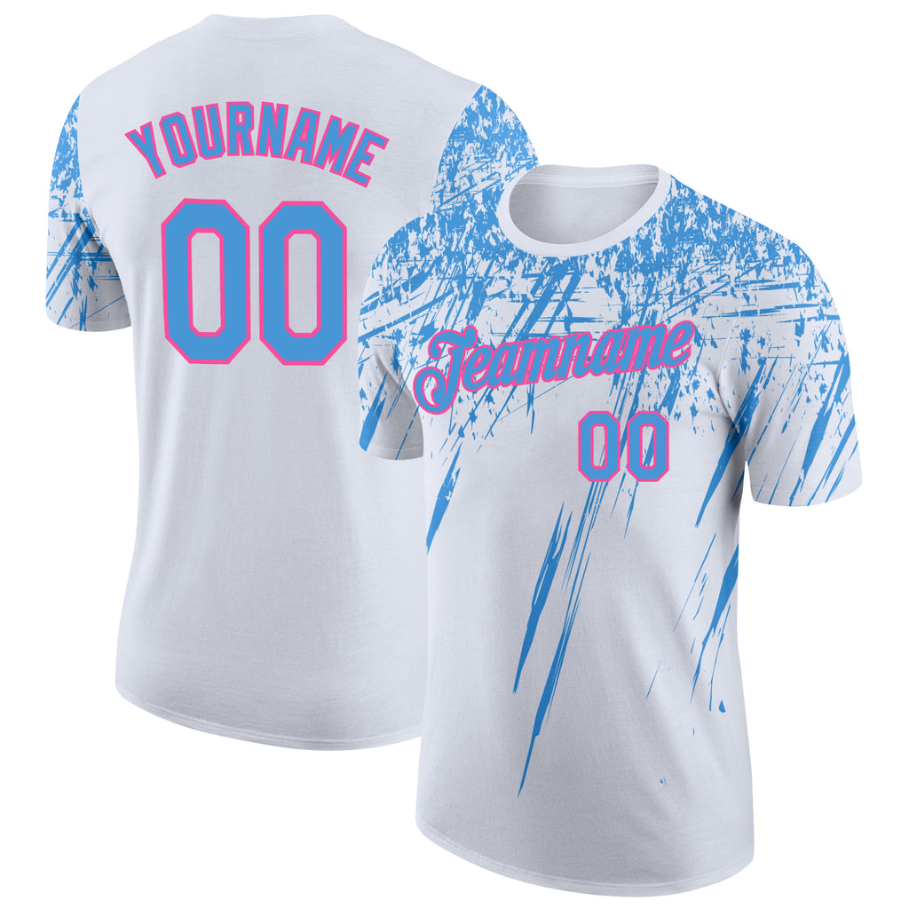 Custom White Powder Blue-Pink Distressed Scratch Brush Stroke Performance T-Shirt