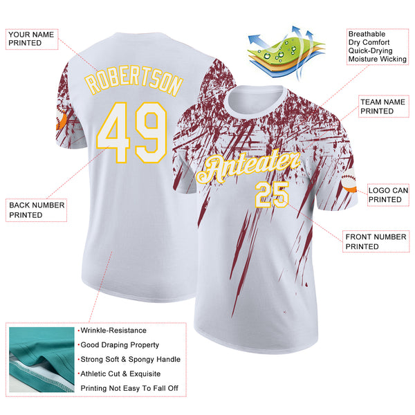 Custom White Burgundy-Yellow Distressed Scratch Brush Stroke Performance T-Shirt