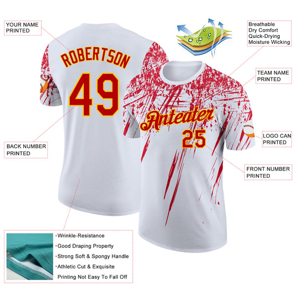 Custom White Red-Yellow Distressed Scratch Brush Stroke Performance T-Shirt