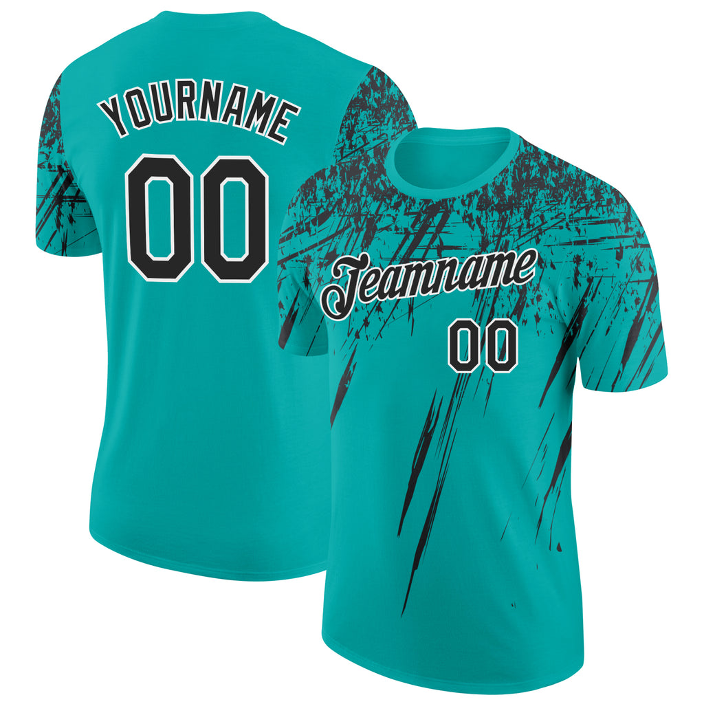 Custom Aqua Black-White Distressed Scratch Brush Stroke Performance T-Shirt