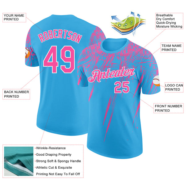 Custom Sky Blue Pink-White Distressed Scratch Brush Stroke Performance T-Shirt