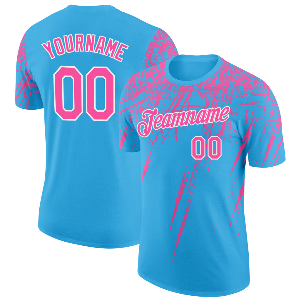 Custom Sky Blue Pink-White Distressed Scratch Brush Stroke Performance T-Shirt