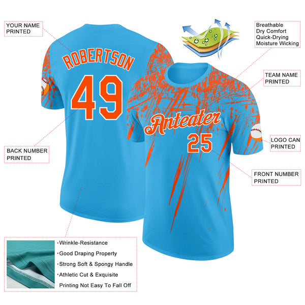 Custom Sky Blue Orange-White Distressed Scratch Brush Stroke Performance T-Shirt