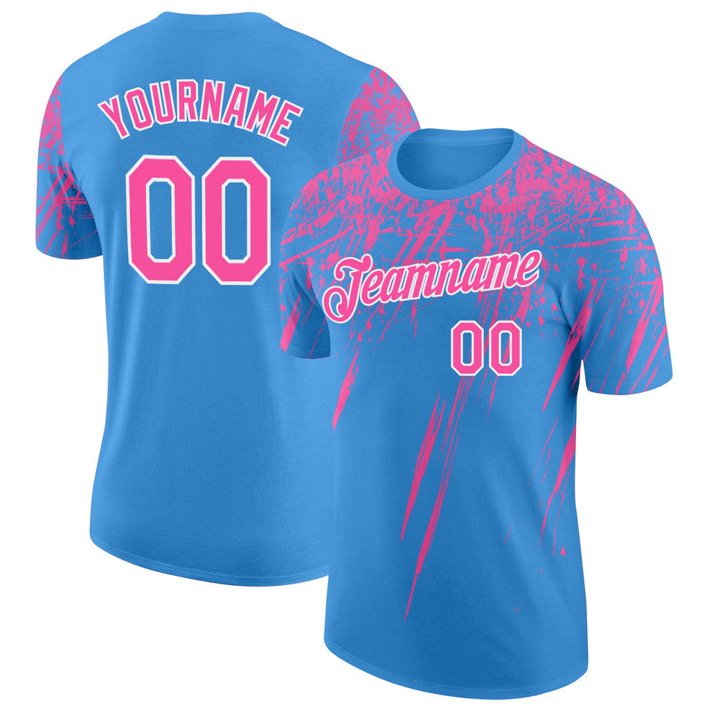 Custom Powder Blue Pink-White Distressed Scratch Brush Stroke Performance T-Shirt