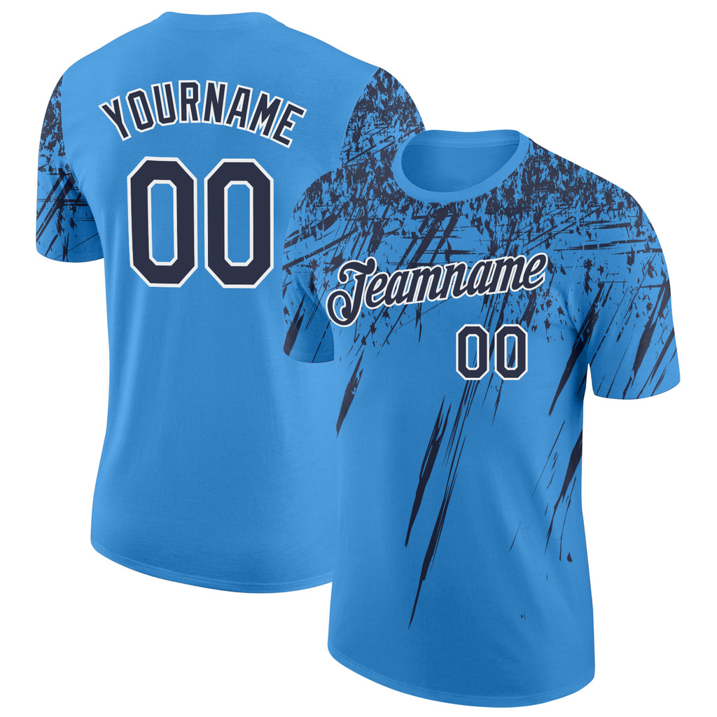 Custom Powder Blue Navy-White Distressed Scratch Brush Stroke Performance T-Shirt