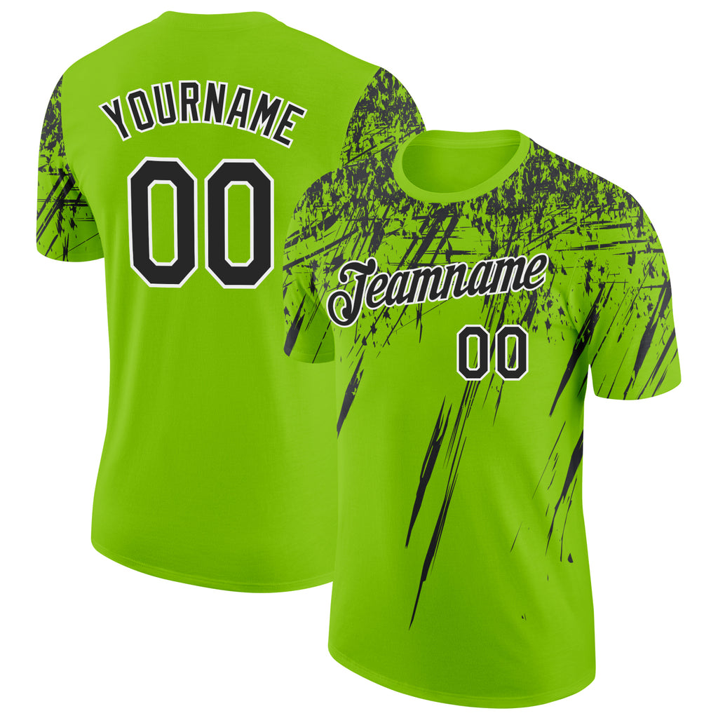Custom Neon Green Black-White Distressed Scratch Brush Stroke Performance T-Shirt