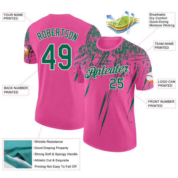 Custom Pink Kelly Green-White Distressed Scratch Brush Stroke Performance T-Shirt
