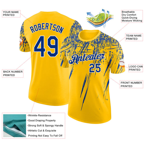 Custom Yellow Royal-White Distressed Scratch Brush Stroke Performance T-Shirt