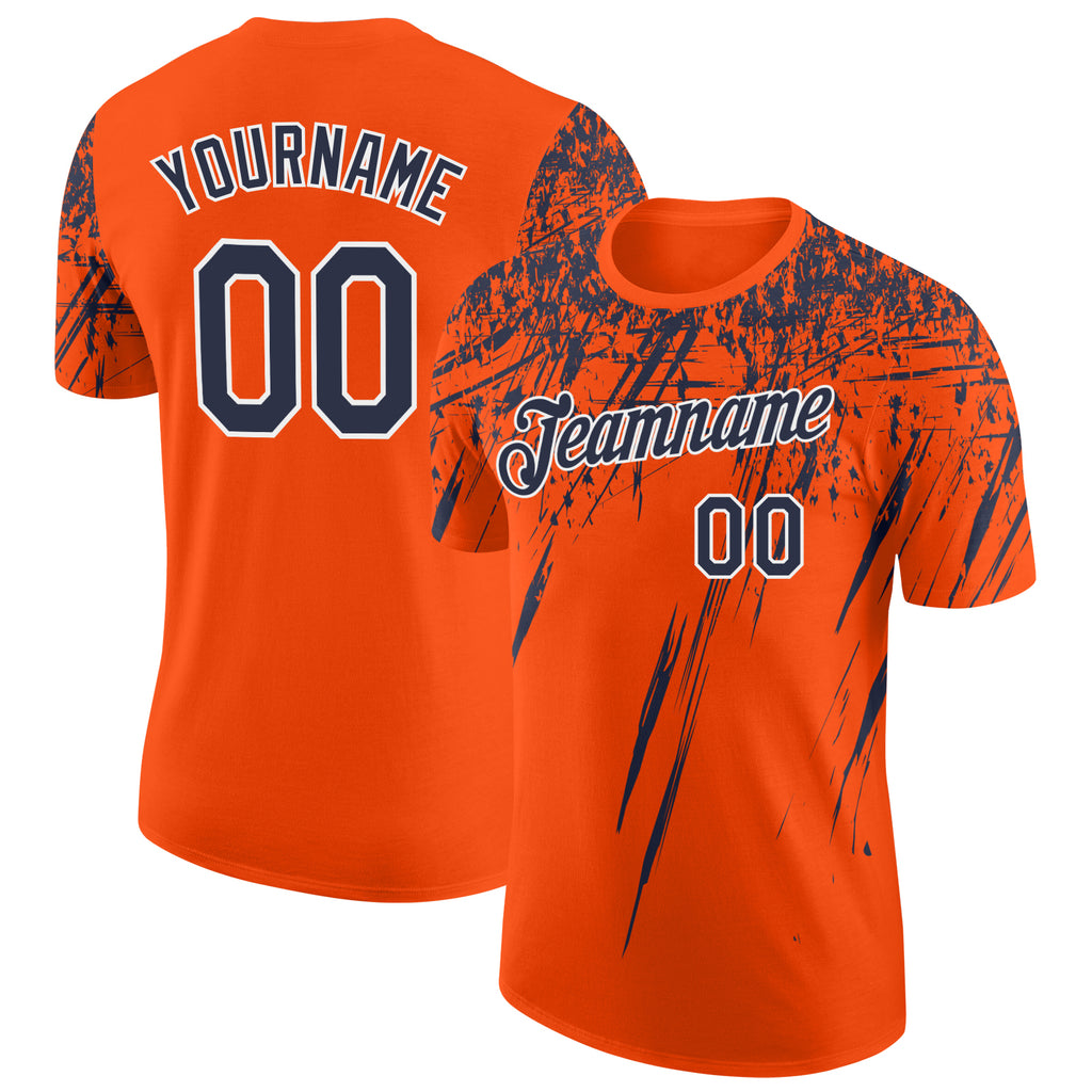 Custom Orange Navy-White Distressed Scratch Brush Stroke Performance T-Shirt