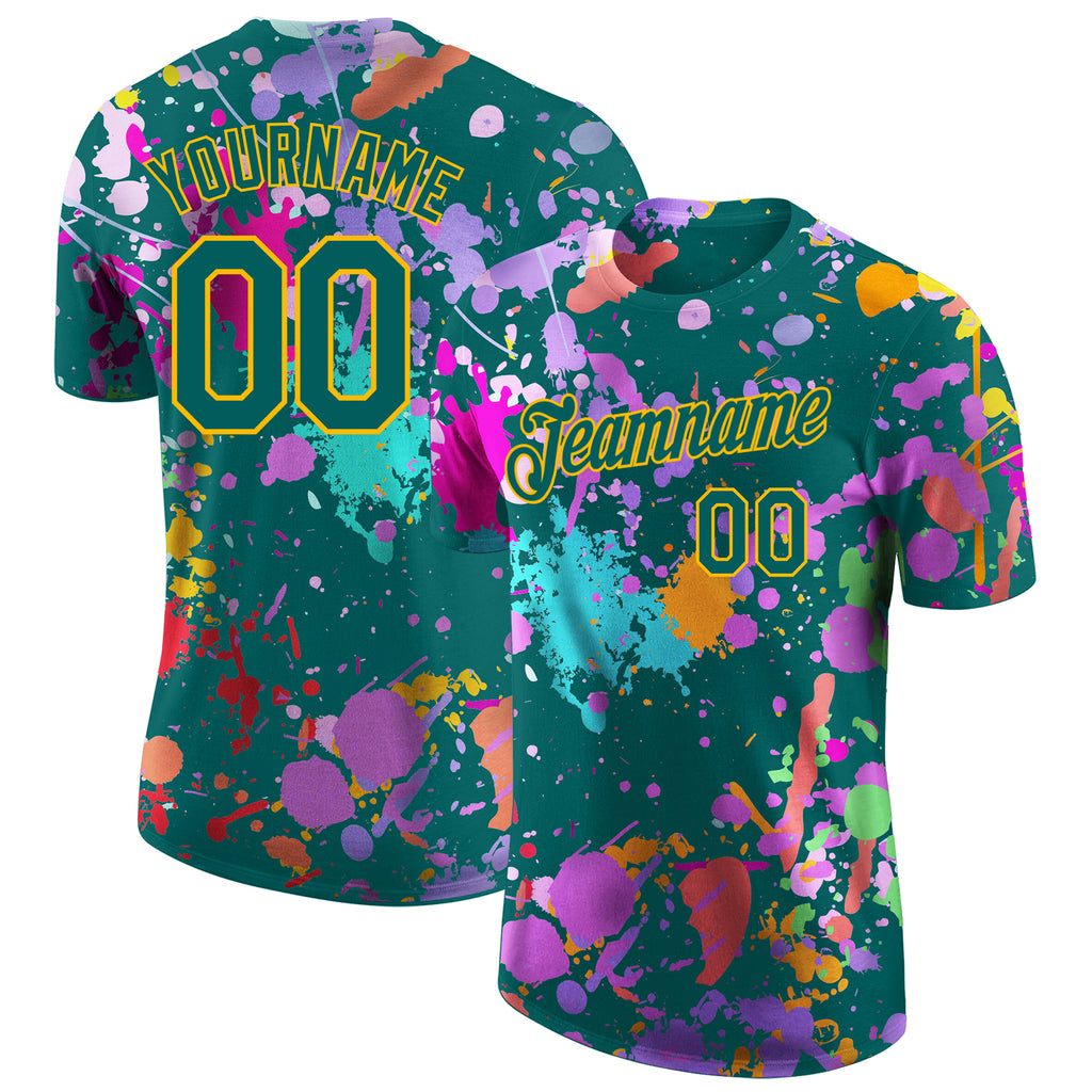 Custom Graffiti Pattern Teal-Gold Vibrant Multicolor Paint Splatter Performance T-Shirt