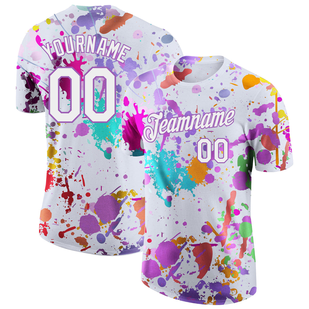 Custom Graffiti Pattern White-Medium Purple Vibrant Multicolor Paint Splatter Performance T-Shirt