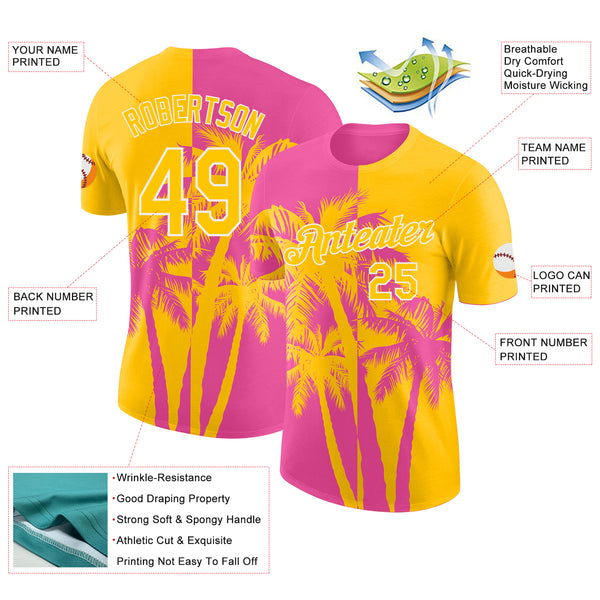 Custom Yellow Pink-White Hawaii Tropical Coastal Palm Trees Performance T-Shirt