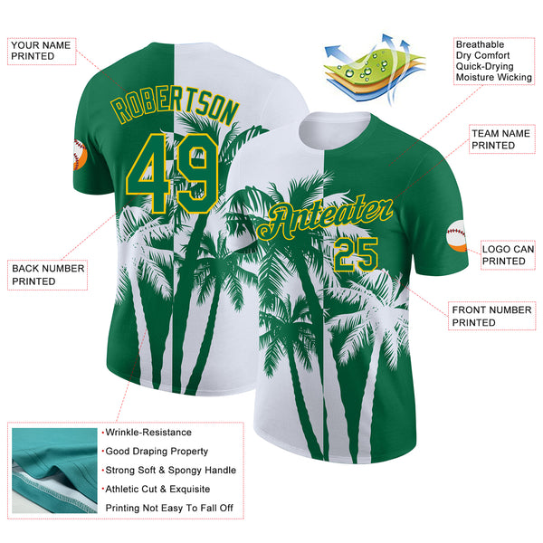 Custom Kelly Green White-Yellow Hawaii Tropical Coastal Palm Trees Performance T-Shirt