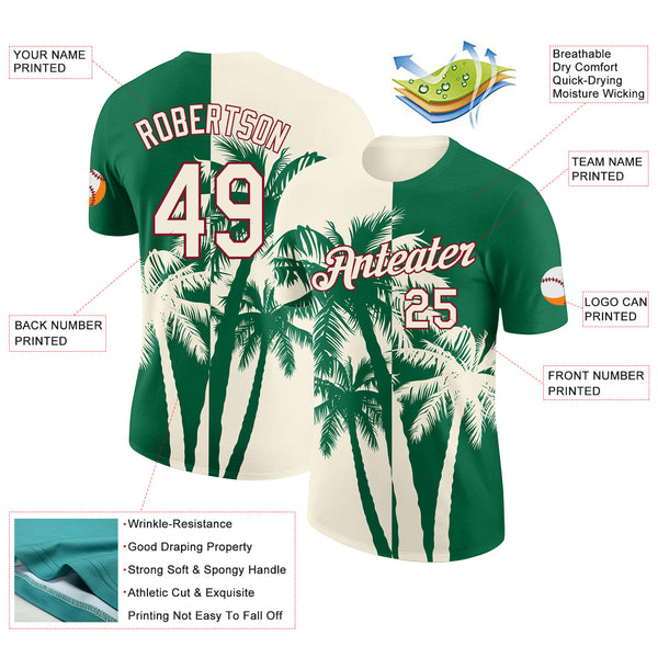 Custom Kelly Green Cream-Crimson Hawaii Tropical Coastal Palm Trees Performance T-Shirt