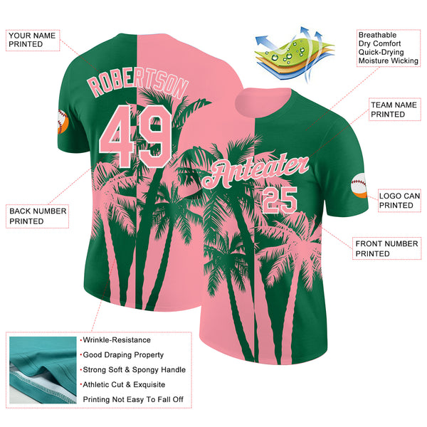 Custom Kelly Green Medium Pink-White Hawaii Tropical Coastal Palm Trees Performance T-Shirt