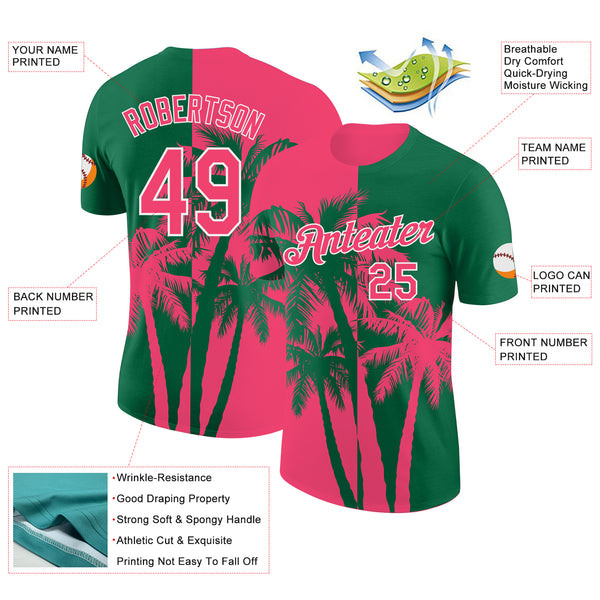 Custom Kelly Green Neon Pink-White Hawaii Tropical Coastal Palm Trees Performance T-Shirt