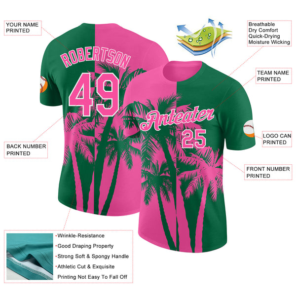 Custom Kelly Green Pink-White Hawaii Tropical Coastal Palm Trees Performance T-Shirt