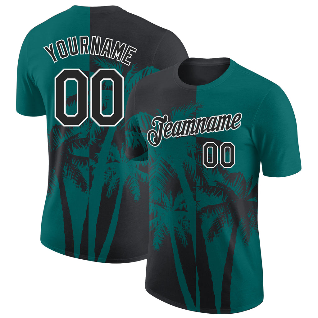 Custom Teal Black-White Hawaii Tropical Coastal Palm Trees Performance T-Shirt