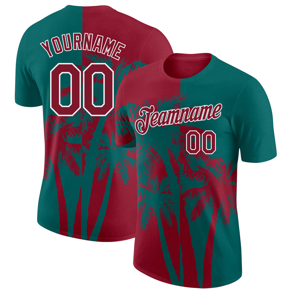 Custom Teal Crimson-White Hawaii Tropical Coastal Palm Trees Performance T-Shirt