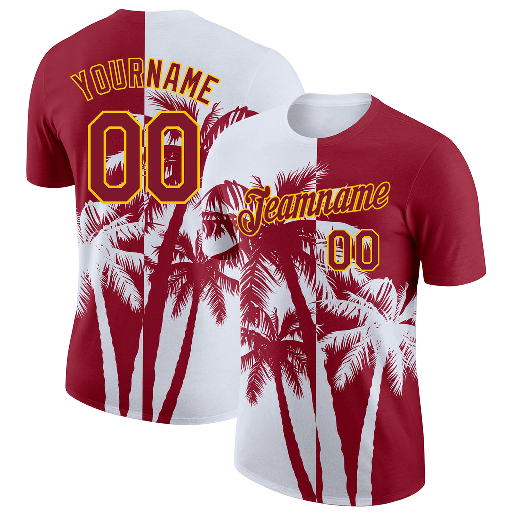 Custom Crimson White-Yellow Hawaii Tropical Coastal Palm Trees Performance T-Shirt