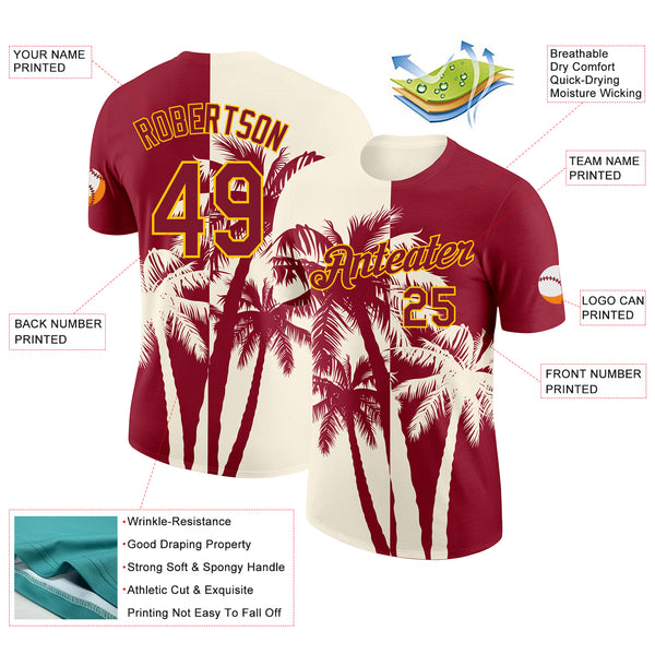 Custom Crimson Cream-Yellow Hawaii Tropical Coastal Palm Trees Performance T-Shirt